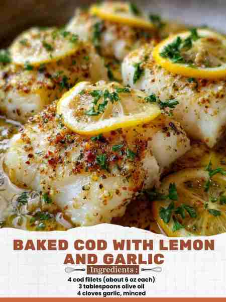 Baked Cod with Lemon and Garlic Ingredients: 4 cod fillets (about 6 oz each) 3 tablespoons olive oil...