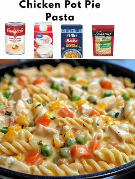 Chicken Pot Pie Pasta Ingredients : • 3 boneless, skinless chicken breasts, diced • ½ yellow oni...