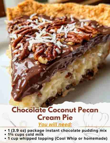 Chocolate Coconut Pecan Cream Pie Ingredients: For the Chocolate Base: - 1 (9-inch) prepared graham...