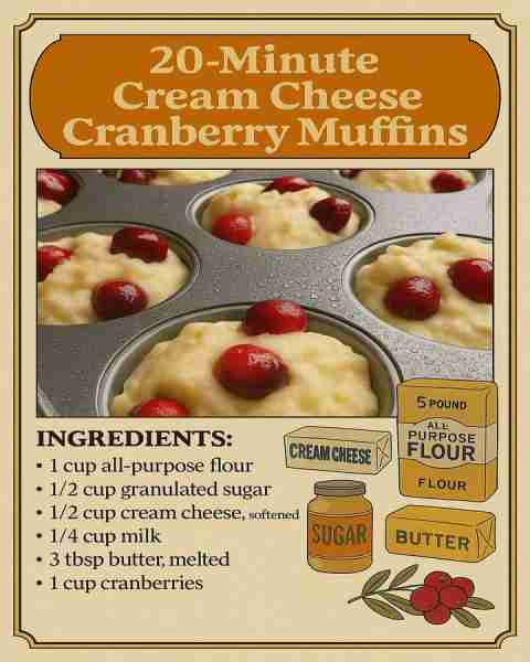 Cream Cheese Cranberry Muffins Ingredients: 1½ cups all-purpose flour ½ cup granulated sugar 1½ ts...