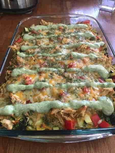 Keto Chicken & Veggie Casserole with Cilantro Cream Drizzle Ingredients For the casserole: 2 cups co...