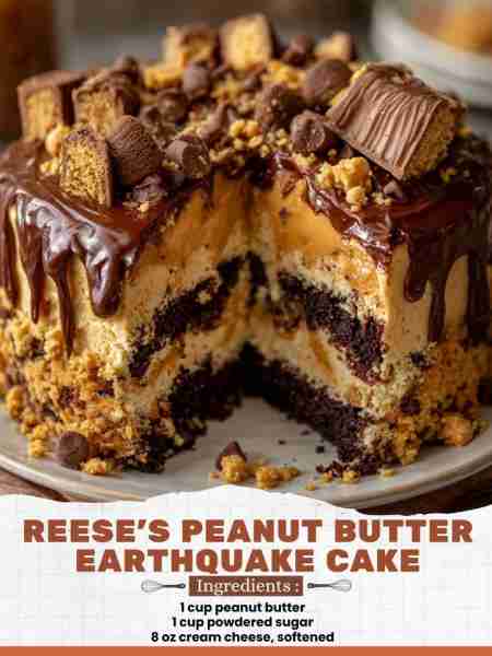 Reese’s Peanut Butter Earthquake Cake Ingredients: 1 cup peanut butter 1 cup powdered sugar 8 oz cre...