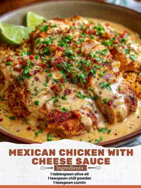 Mexican Chicken with Cheese Sauce Ingredients: 1 tablespoon olive oil 1 teaspoon chili powder 1 teas...