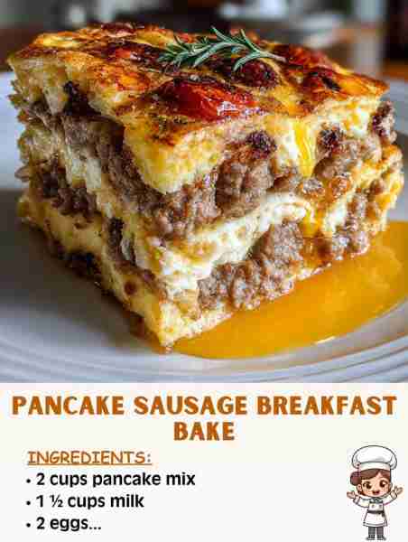 🥞🍳 Pancake Sausage Breakfast Bake – Sweet, Savory & Totally Satisfying! 🛒 Ingredients: 2 cups p...
