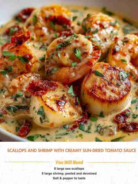 Scallops and Shrimp with Creamy Sun-Dried Tomato Sauce Ingredients 8 large sea scallops 8 large shri...