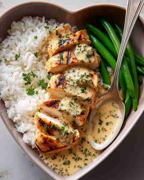 Grilled Chicken with Creamy Herb Sauce, Rice & Green Beans 💚 Prep Time: 15 minutes Cook Time: 20 mi...