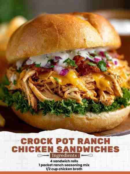 Crock Pot Ranch Chicken Sandwiches Ingredients: 4 sandwich rolls 1 packet ranch seasoning mix 1/2 cu...