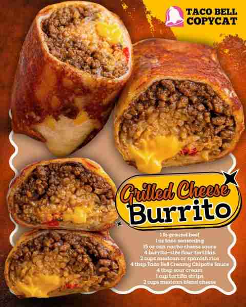 TACO BELL COPYCAT GRILLED CHEESE BURRITO! 1 pound ground beef 1 oz taco seasoning 2/3 cup water 15 o...