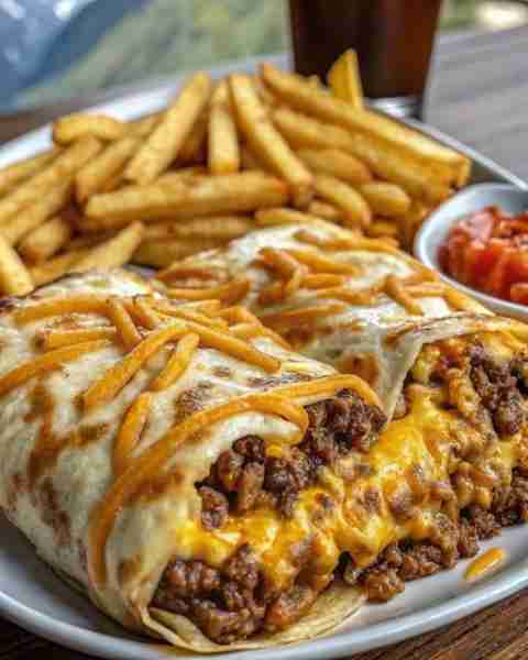 Cheesy Beef Burrito with Fries Recipe: Ingredients: 1 lb ground beef 1 packet taco seasoning (or hom...