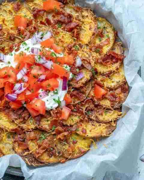 LOADED Irish Pub Style Nachos for weekend snacks! Crispy baked potato slices, loaded up with all yo...