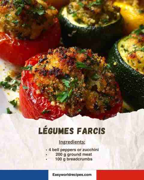 🥬 Légumes Farcis (Stuffed Vegetables) 🫑🍅 Colorful vegetables filled with savory stuffing. Ingredi...