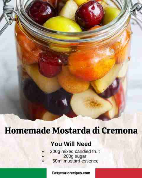🍒🇮🇹 Mostarda di Cremona Ingredients: 10.5 oz (300 g) mixed candied fruit 7 oz (200 g) sugar 3 tbsp...