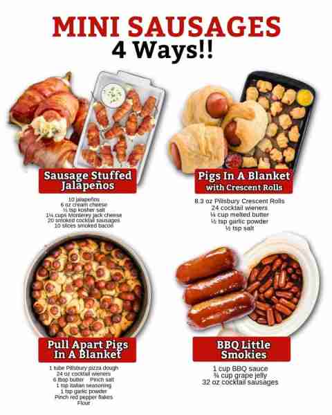 Snack time just got a makeover—mini sausages 4 ways! 🌭💛 Ingredients 🌭💛 Sausage Stuffed Jalapeños...
