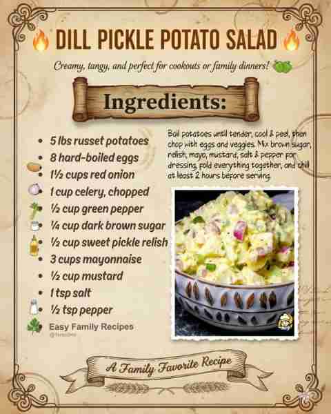 DILL PICKLE POTATO SALAD 🥔🥒 🔥 5 lbs russet potatoes, 8 hard-boiled eggs, 1½ cups red onion, 1 cup...