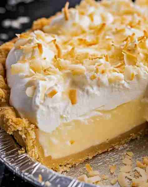 Classic recipe for Coconut Cream Pie, a creamy, coconut-filled dessert with a crisp pie crust, toppe...