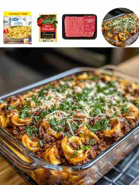 Beef and Cheese Tortellini Bake Ingredients: - 1 pound ground beef - 1 tablespoon olive oil - 1 onio...