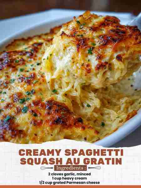 Creamy Spaghetti Squash Au Gratin Ingredients: 2 cloves garlic, minced 1 cup heavy cream 1/2 cup gra...