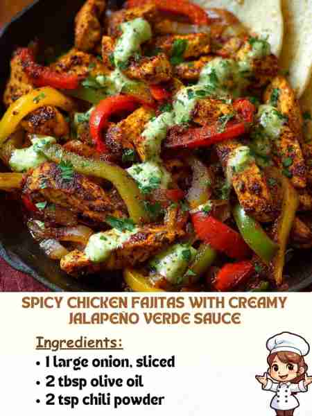 Spicy Chicken Fajitas with Creamy Jalapeño Verde Sauce Ingredients 1 large onion, sliced 2 tbsp oliv...