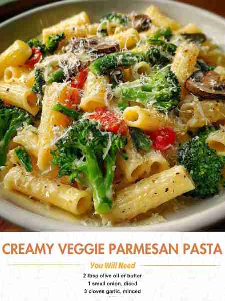 Creamy Veggie Parmesan Pasta Ingredients 2 tbsp olive oil or butter 1 small onion, diced 3 cloves ga...