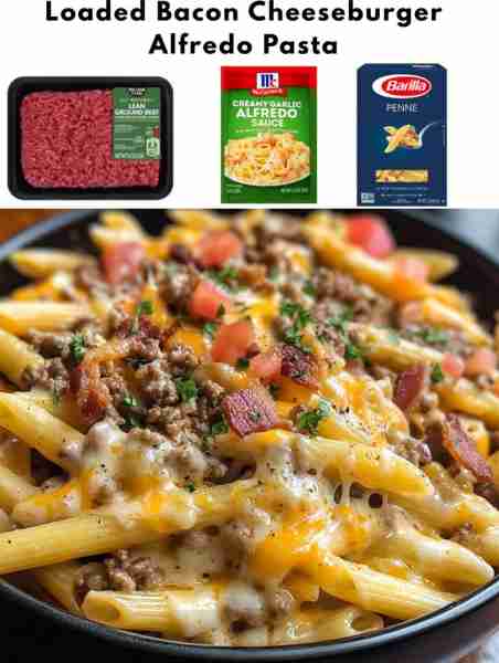 Loaded Bacon Cheeseburger Alfredo Pasta Ingredients: - 1 lb ground beef - 8 oz penne pasta - 1 cup a...