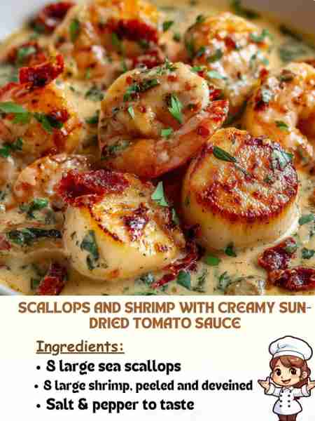Scallops and Shrimp with Creamy Sun-Dried Tomato Sauce Ingredients 8 large sea scallops 8 large shri...