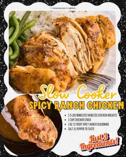 Only THREE ingredients in this easy crockpot chicken dish! ‣ 1.5 lbs boneless skinless chicken breas...