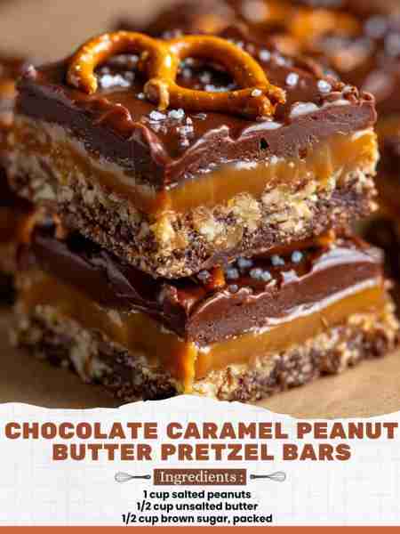 Chocolate Caramel Peanut Butter Pretzel Bars Ingredients: 1 cup salted peanuts 1/2 cup unsalted butt...