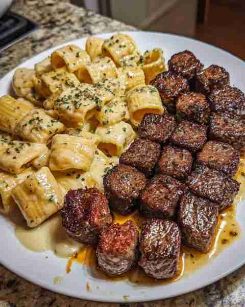 I made GARLIC BUTTER STEAK BITES & CREAMY ALFREDO RIGATONI for dinner, and it was incredible! The st...