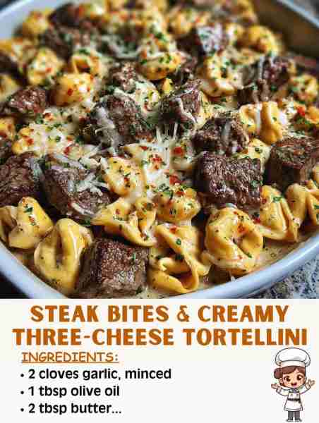 🥩🧀🍝 Steak Bites & Creamy Three-Cheese Tortellini – Pure Comfort in Every Bite! Ingredients: 1 lb...