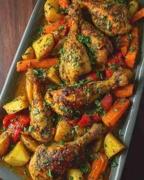 🍗 Herb-Roasted Chicken Drumsticks with Veggies 🥔🥕 A cozy one-pan meal with juicy chicken, golden...
