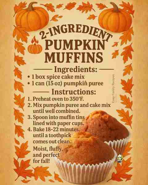 Who knew muffins could be THIS easy? 🎃 Just 2 ingredients → mix, bake, enjoy. They’ll be gone faste...