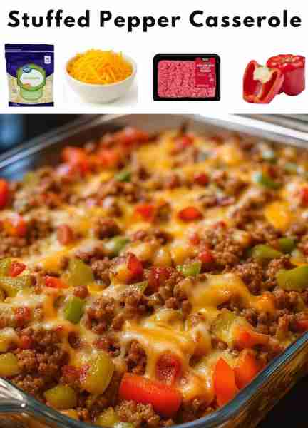 Stuffed Pepper Casserole Ingredients: 1 lb ground beef (or ground turkey) 1 medium onion, diced 3 be...