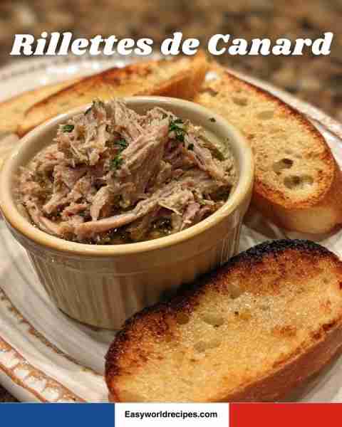 🦆🇫🇷 Rillettes de Canard Slow-cooked shredded duck preserved in its own fat. A rustic spread best se...