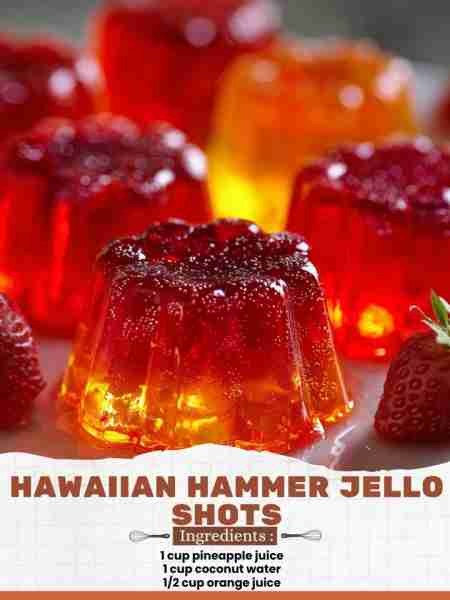 Hawaiian Hammer Jello Shots Ingredients: 1 cup pineapple juice 1 cup coconut water 1/2 cup orange ju...
