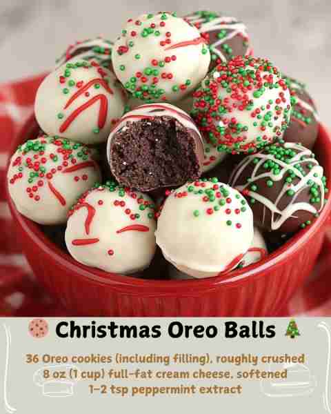 🍪 Christmas Oreo Balls 🎄 Ingredients: 36 Oreo cookies (including filling), roughly crushed 8 oz (1...