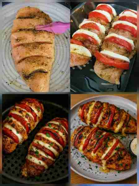 If you take boneless chicken breast, cut across but not all the way thru, stuff it w Tomato slices a...