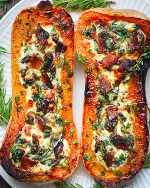 🍁🍂 Stuffed Butternut Squash with Spinach, Bacon, and Cheese 🍁🍂 FALL & THANKSGIVING SIDE DISH 🍁🍂