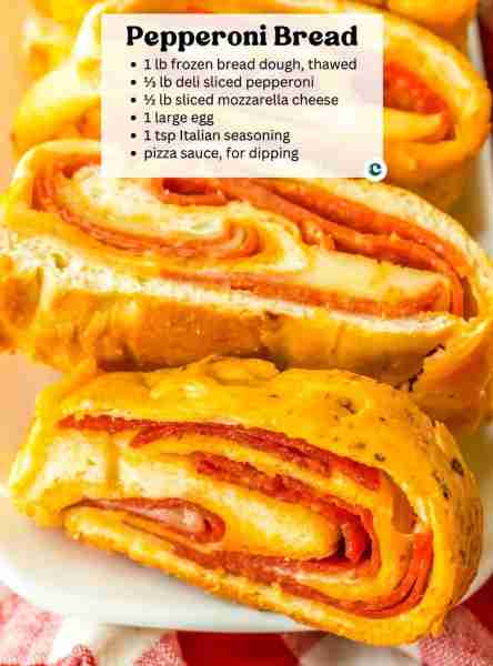 Pepperoni Bread 🍕 1 lb frozen bread dough, thawed 🍕 ⅓ lb sliced pepperoni 🍕 ½ lb sliced mozzarell...