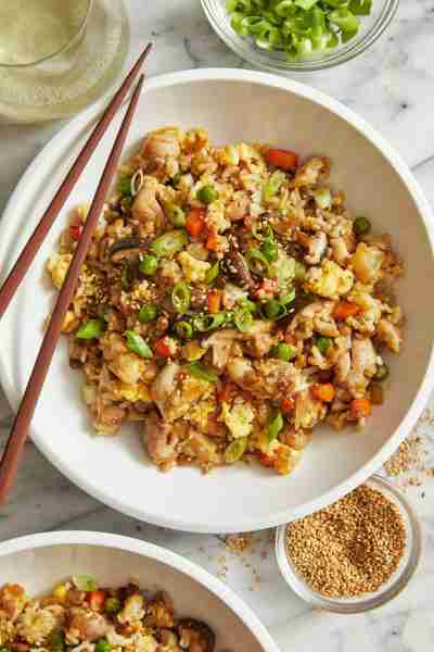 Easy Chicken Fried Rice - Comes together so quickly with leftover rice! Made with chicken, eggs, veg...