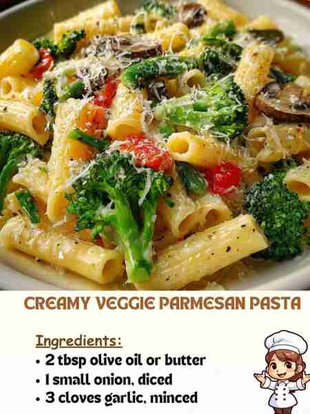 Creamy Veggie Parmesan Pasta Ingredients 2 tbsp olive oil or butter 1 small onion, diced 3 cloves ga...