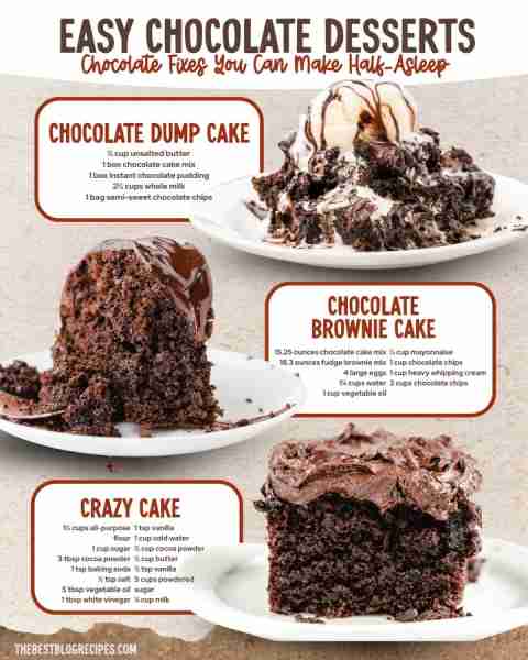 EASY CHOCOLATE DESSERTS 🍫 rich, fudgy & totally irresistible! 1️⃣ CHOCOLATE DUMP CAKE ½ cup unsalte...