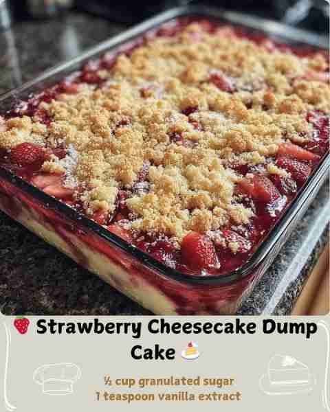 🍓 Strawberry Cheesecake Dump Cake 🍰 Ingredients 1 (21-ounce) can strawberry pie filling 1 cup fres...