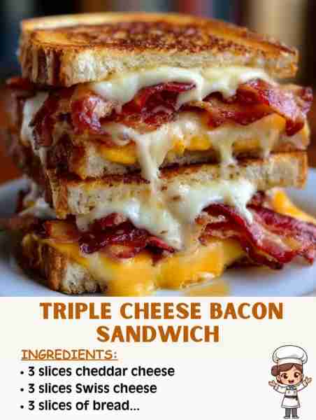 🥓🧀🥪 Triple Cheese Bacon Sandwich – Cheesy, Crispy & Totally Delicious! Ingredients: 3 slices of b...