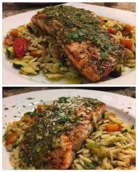Basil Pesto Salmon with Zucchini Orzo Herb-Infused Basil Pesto Salmon over Creamy Zucchini Orzo Reci...
