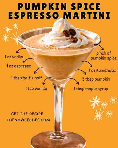 Pumpkin Espresso Martini 🎃🧡🍸 INGREDIENTS ice cubes 1 oz vodka 1 oz RumChata 1 oz espresso, or col...