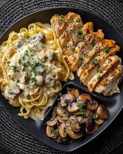 🍄 Creamy Mushroom Tagliatelle with Garlic Herb Chicken & Sautéed Mushrooms 🌿🍝 Prep Time: 15 minut...