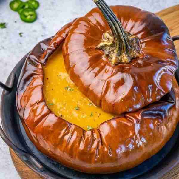 Pumpkin Jalapeno Soup in a Roasted Pumpkin🍁🍃🍂