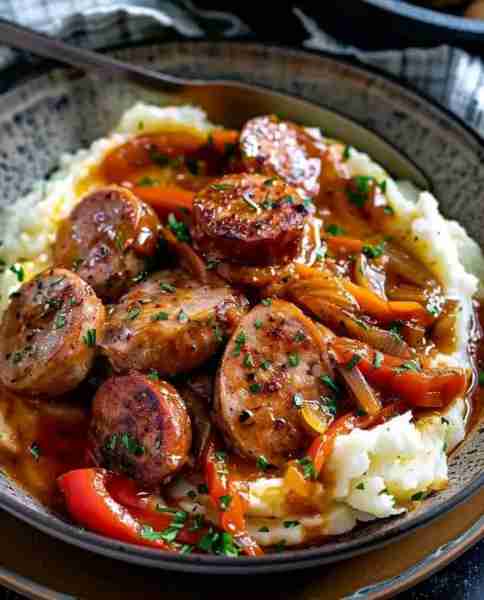 Rustic Italian Sausage with Peppers and Onions over Garlic Mashed Potatoes Ingredients: 1 lb Italian...