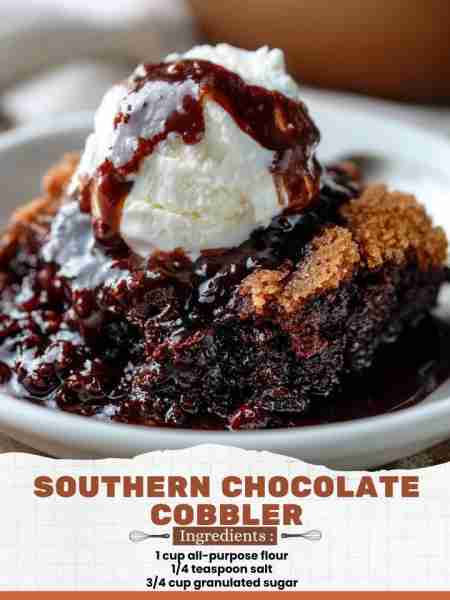 Southern Chocolate Cobbler Ingredients: 1 cup all-purpose flour 1/4 teaspoon salt 3/4 cup granulated...