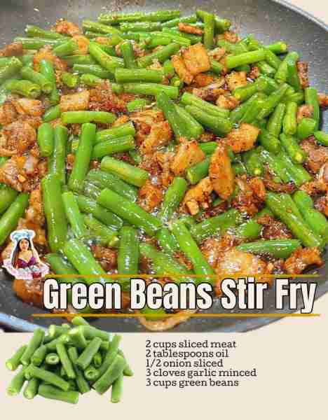 Delicious Green Beans Stir Fry This stir fry is so easy to make! Ingredients: 2 cups sliced meat (I...